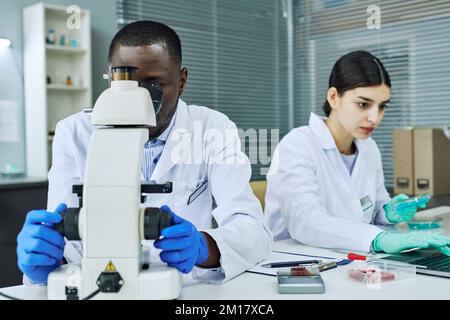 Portrait of two ethnic young people working in medical laboratory, black man using microscope in foreground Stock Photo