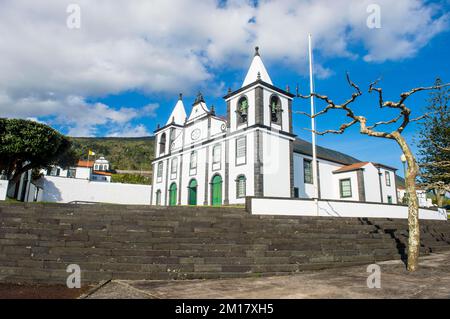 Paroquia de Sao Mateus church below Ponta do Pico highest mountain of Portugal, Island of Pico, Azores, Portugal, Europe Stock Photo