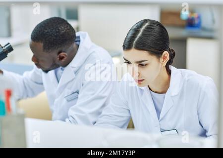 High angle view of two workers in laboratory doing medical research Stock Photo