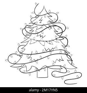 Cartoon Christmas tree with Christmas lights for coloring book. Linear design for children's coloring books. Stock Vector