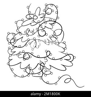 Cartoon Christmas tree with Christmas lights for coloring book. Linear design for children's coloring books. Stock Vector