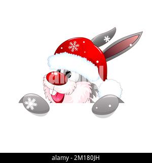Cartoon rabbit dressed up in a Santa hat on a white background. Smiling rabbit close-up. Rabbit muzzle. Stock Vector