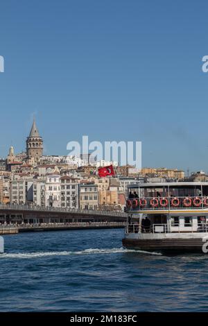 View of the Galata Tower from the Golden Horn of Istanbul Stock Photo