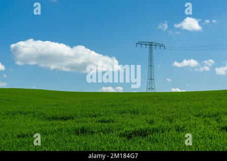 Agricultural landscape with overhead powerlines, green fields and cloudy blue sky Stock Photo