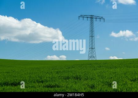 Agricultural landscape with overhead powerlines, green fields and cloudy blue sky Stock Photo