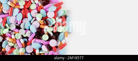 Many colorful pills, medicines. Pills supplements Background. Various pills and capsules as daily vitamins and supplements concept. Medicine pills. to Stock Photo