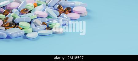 Different color pills on blue background. Drugs and medicines. supplements or vitamins. various pills background. Pharmacy, pharmaceuticals, supplemen Stock Photo
