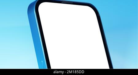 Smartphone screen close up mock up. Modern new blue mobile phone with blank white screen crop closeup. fashion cell phone mockup on blue background. 3 Stock Photo