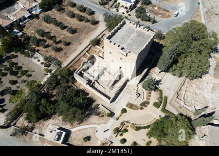 Aerial drone view of Kolossi castle fort landmark in Limassol. Cyprus europe historical ancient places. Stock Photo