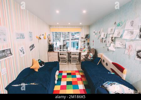 Modern, Stylish And Bright Baby Room Room In Family Apartment. Stylish Apartment Interior Modern Childrens Room Interior. Idea For Home Design. Family Stock Photo