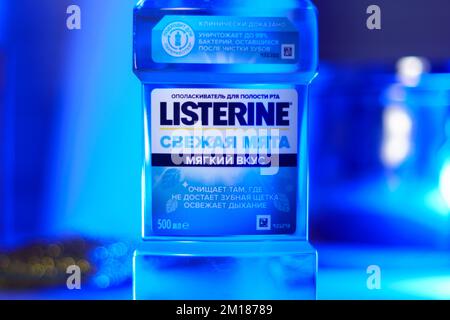 Tyumen, Russia-October 14, 2022: Bottle of Listerine brand MouthWash, keeps Breath Fresh. Stock Photo
