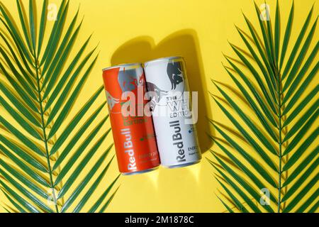 Tyumen, Russia-September 27, 2022: Aluminium cans of the energy drink Red Bull the red and white Edition. Flat lay Stock Photo