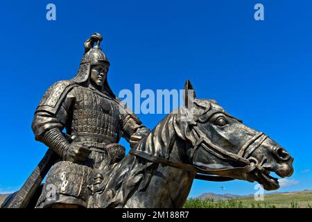 Portrait, horseman of the Mongol Hordes of Genghis Khan, Chinggis Khaan Statue Complex,Tsonjin Boldog, Mongolia Stock Photo