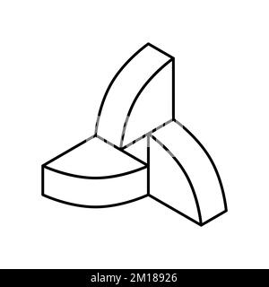 Three quarters linear design template. 2D quarters of a circle. Isometric triangular line elements make a union. Mathematics volume figure. Vector Stock Vector