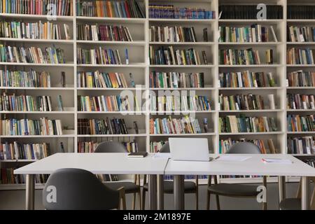 Public library interior with no people and bookshelves Stock Photo