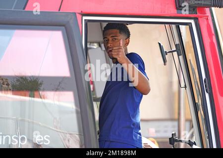 England's Jude Bellingham outside the Souq Al-Wakra hotel, Qatar, following England's loss to France in their World Cup quarter-final in Al Khor on Saturday.Picture date: Sunday December 11, 2022. Stock Photo