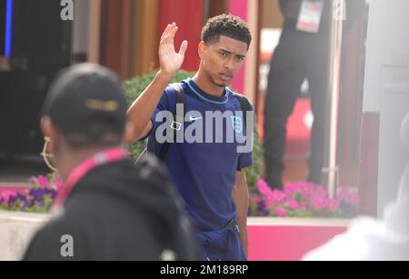 England's Jude Bellingham outside the Souq Al-Wakra hotel, Qatar, following England's loss to France in their World Cup quarter-final in Al Khor on Saturday.Picture date: Sunday December 11, 2022. Stock Photo