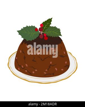 Christmas pudding. Traditional Holiday dessert. English chocolate cake Stock Vector
