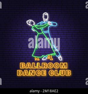 Ballroom dance sport club Bright Neon Sign. Dance sport neon emblem with man and woman silhouette. Vector. Tango, waltz, couples dancing ballroom Stock Vector