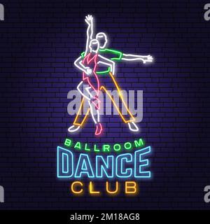 Ballroom dance sport club Bright Neon Sign. Dance sport neon emblem with man and woman silhouette. Vector. Rumba, salsa, samba couples dancing Stock Vector