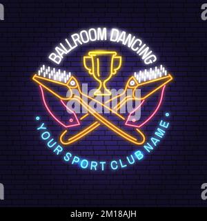 Ballroom dance sport club Bright Neon Sign. Concept for shirt or logo, print, stamp or tee. Dance sport neon emblem with shoe brush for ballroom shoes Stock Vector