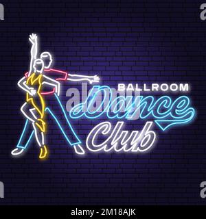 Ballroom dance sport club Bright Neon Sign. Dance sport neon emblem with man and woman silhouette. Vector. Rumba, salsa, samba couples dancing Stock Vector
