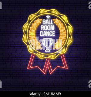 Ballroom dance sport club Bright Neon Sign. Concept for shirt or logo, print, stamp or tee. Dance sport neon emblem with trophy cup for ballroom Stock Vector