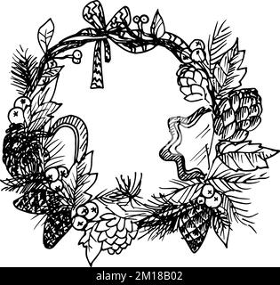 Black Mono Color Illustration for Merry Christmas and Happy New Year Print Design. Wreath with New Year Elements Stock Vector