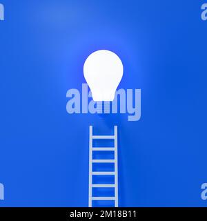 Ladder reaches up to a lit light bulb representing an Idea or business on blue background, creativity, invention concept. 3d rendering. Stock Photo