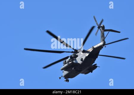 US Marine Corps heavy-lift cargo helicopter in flight. Stock Photo