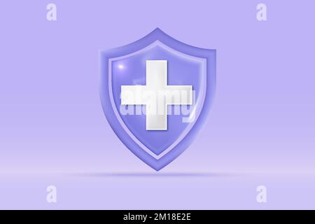 3d Medical emergency plus sign icon Isolated on light blue background. Realistic shield first aid and health care concept 3d vector rendering illustra Stock Vector