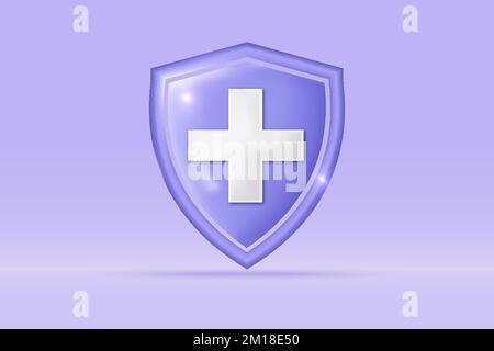 3d Medical emergency plus sign icon Isolated on light blue background. Realistic shield first aid and health care concept 3d vector rendering illustra Stock Vector
