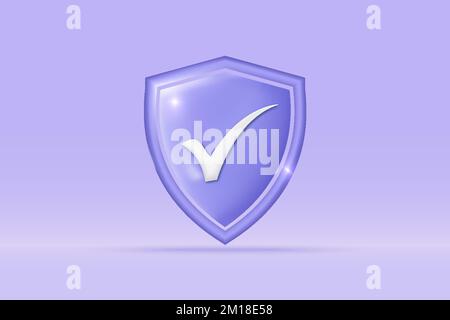 3d check mark success icon Isolated on light blue background. Realistic shield sign tick, checkbox, accept, agree 3d vector rendering illustration. Stock Vector