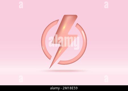 3d thunder bolt flash lightning symbol Isolated on pink background. Realistic volt, danger, lightning sign 3d vector rendering illustration. Stock Vector