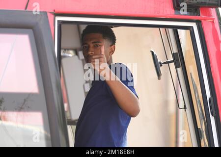 England's Jude Bellingham outside the Souq Al-Wakra hotel, Qatar, following England's loss to France in their World Cup quarter-final in Al Khor on Saturday.Picture date: Sunday December 11, 2022. Stock Photo