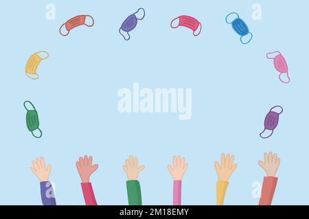 Hands are throwing away face masks. End of restrictions due to the Covid-19 pandemic. Colorful against sky background. Free space for you text. Stock Vector