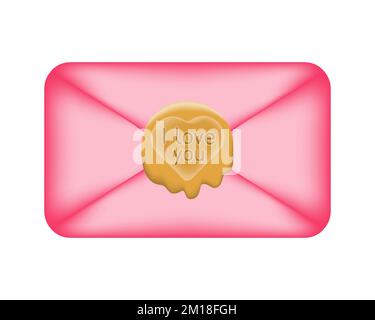 Cartoon pink envelope sealed with sealing wax in the shape of a heart. Love letter isolated on white. Valentine's Day love message concept. Vector ill Stock Vector