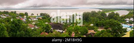 View of village Puerto Narino with the Amazon River in the background. Lookout from Mirador Naipata. Colombia, Amazonia, South America Stock Photo