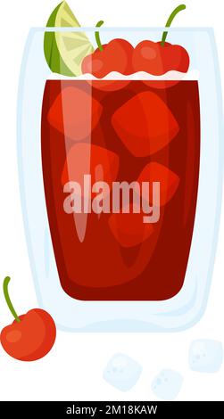 Mexican cocktail. Cherry limeade margarita. Latin American alcoholic drink in glass with ice cubes, cherries and lime. Vector illustration in cartoon Stock Vector