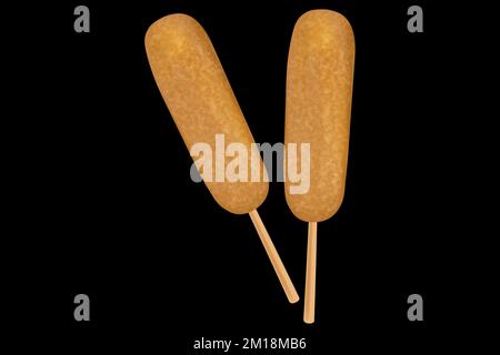 Two corn dogs on a black background with copy space. Vector image. Stock Vector