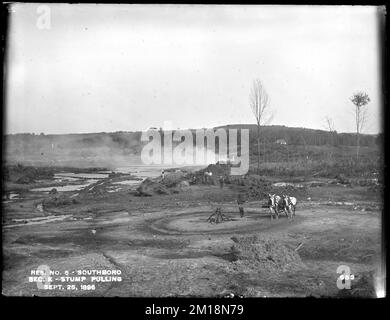 Sudbury Reservoir, Section K, stump pulling machine, from the west in road, Southborough, Mass., Sep. 25, 1896 , waterworks, reservoirs water distribution structures, construction sites Stock Photo