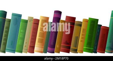 Books on shelf. Great collection for reading. Library or bookstore. Seamless horizontal composition. Side view. Isolated on white background. Vector Stock Vector