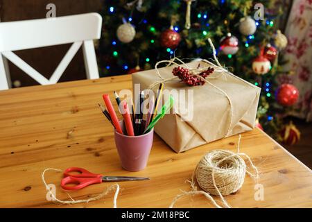 Stationery on the wooden table. Stock Photo