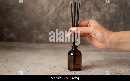 Aromatic reed diffuser bottle with black sticks on a dark marble background. Womans hand holding diffuser sticks Stock Photo