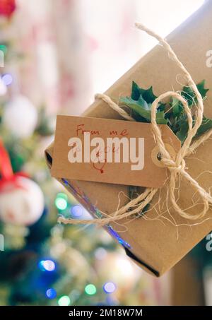 Handmade Christmas or new year decorated gift box Stock Photo