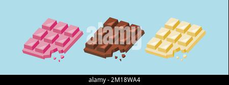 a chocolate bar isolated on white background in the middle on solid color background. Vector illustration. Chocolate. Pieces, shavings, cocoa fruit. Stock Vector