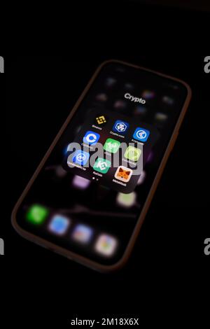 Group of Crypto Wallet and Market Applications on Apple iPhone Stock Photo