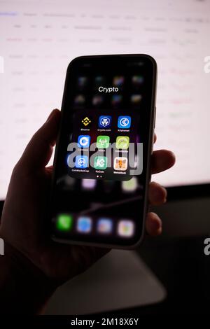 Group of Crypto Wallet and Market Applications on Apple iPhone Stock Photo