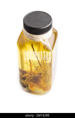 Sunflower oil in a glass jar with various herbs and spices, lavender, sesame, rosemary isolated on white background. Side view, copy space. Stock Photo