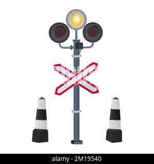 Railway traffic light with traffic cone. Semaphore signal for crossroad traffic. Train stoplight and railroad crossing road sign. Vector illustration Stock Vector